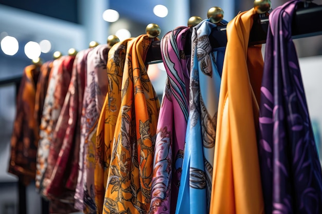 Hanger Displaying Collection Of Fashionable Silk Scarves Generative AI