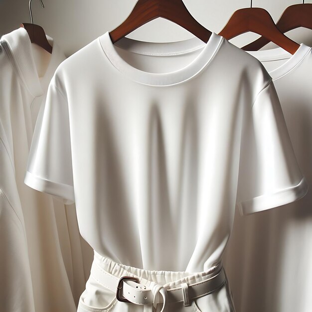 A hanger displaying a white top and white shorts presented as a mockup