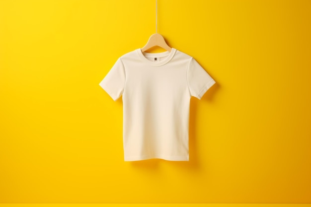 Hanger with blank white tshirt on yellow background space for text