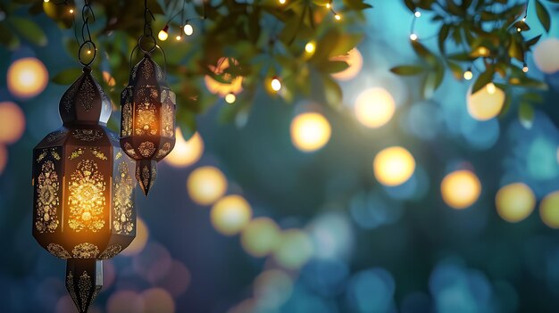 Photo hanging arabic lantern with lights background photo of ramadan decoration with copy generative ai