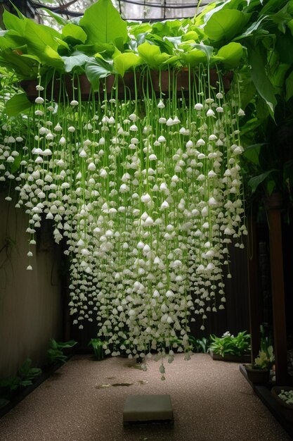 A hanging bunch of flowers with long stems hanging from the ceiling.