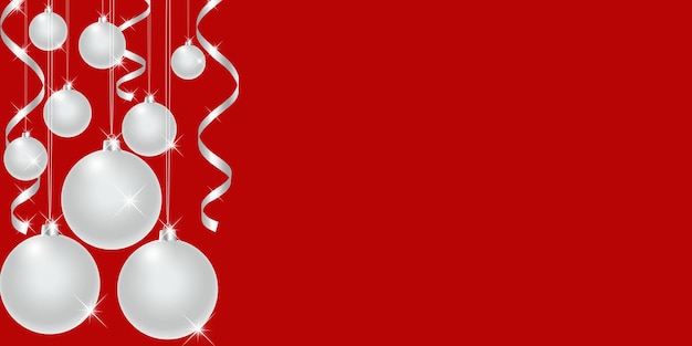 Hanging Christmas balls are depicted on a red background.