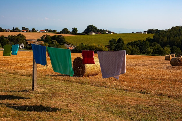 Hanging clothes in the countryside along the Le Puy Route in the summer season