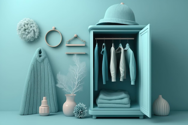 Hanging clothes pastel blue storage shelf and room decorations Light background with copyspace