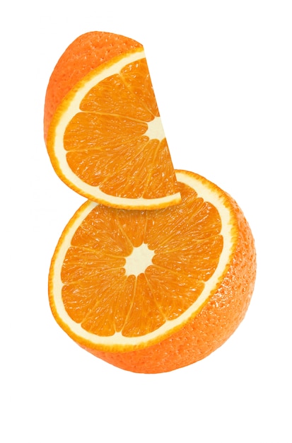 Hanging, falling and flying piece of orange fruits isolated on white background with clipping path