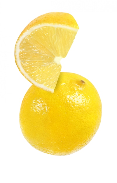 Photo hanging, falling, hovering, flying piece of lemon fruits isolated on white background with clipping path