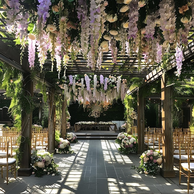 Photo hanging floral arrangements at outdoor wedding ceremony