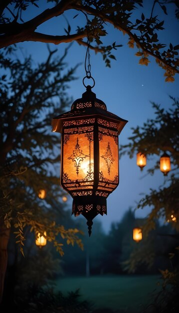 Hanging Glowing Ramadan celebration lantern lighting nature night