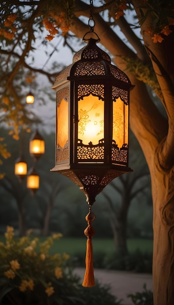 Hanging Glowing Ramadan celebration lantern lighting nature night