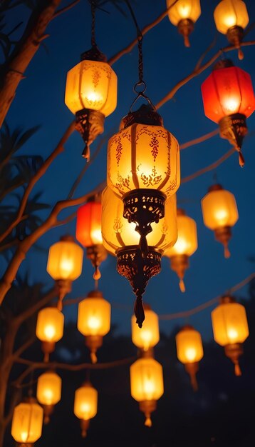 Hanging Glowing Ramadan celebration lantern lighting nature night