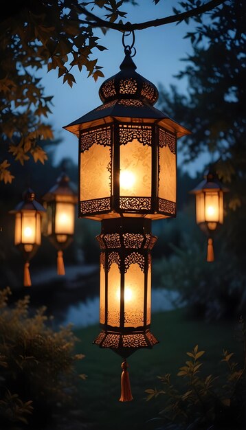 Hanging Glowing Ramadan celebration lantern lighting nature night