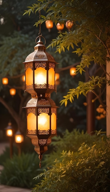 Hanging Glowing Ramadan celebration lantern lighting nature night