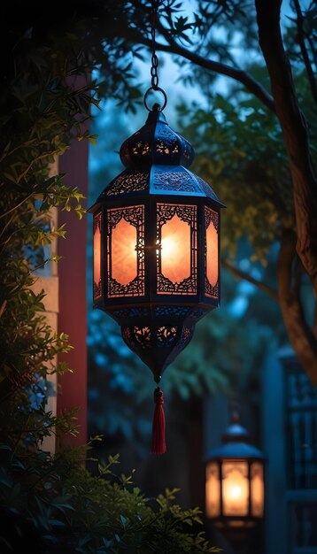 Hanging Glowing Ramadan celebration lantern lighting nature night