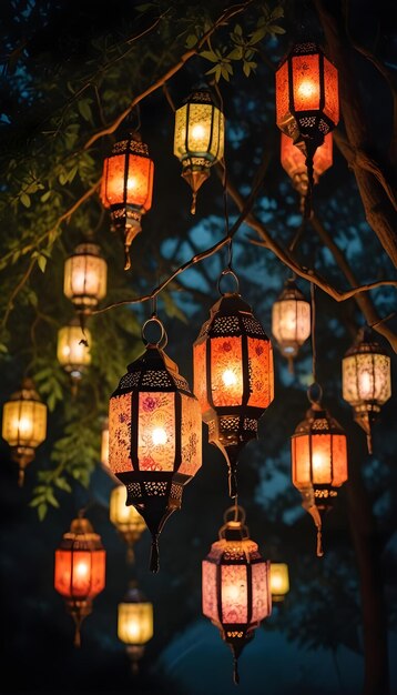 Hanging Glowing Ramadan celebration lantern lighting nature night