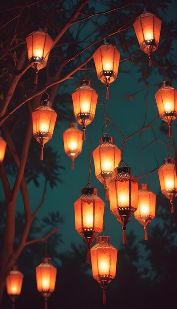 Hanging Glowing Ramadan celebration lantern lighting nature night