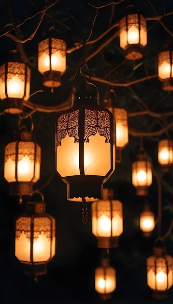 Hanging Glowing Ramadan celebration lantern lighting nature night