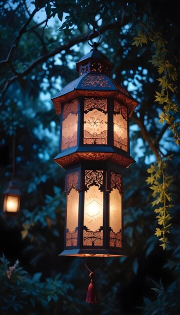 Hanging Glowing Ramadan celebration lantern lighting nature night