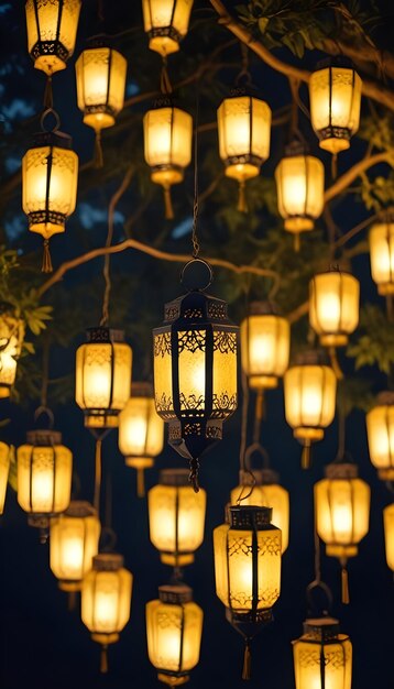 Hanging Glowing Ramadan celebration lantern lighting nature night