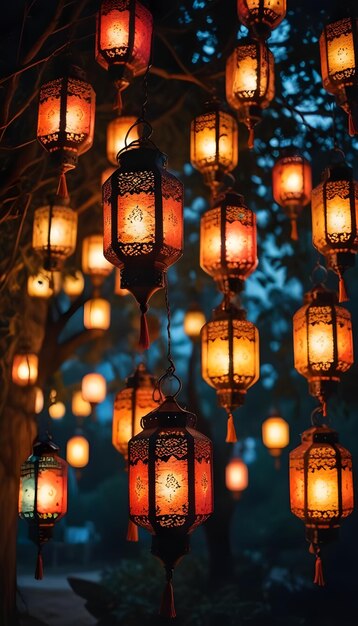 Hanging Glowing Ramadan celebration lantern lighting nature night