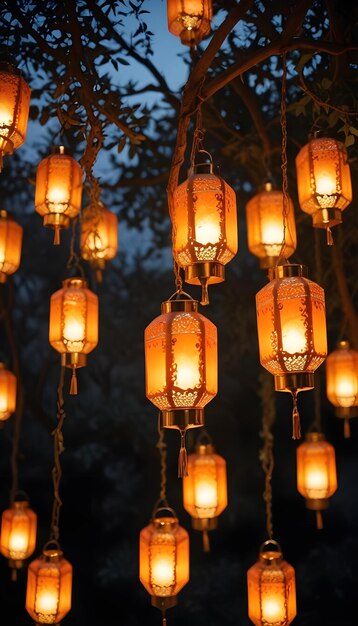 Hanging Glowing Ramadan celebration lantern lighting nature night