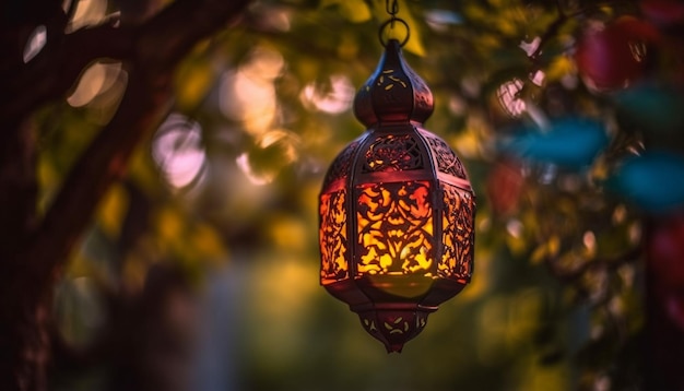 Hanging lanterns illuminate night celebration of Ramadan generated by AI