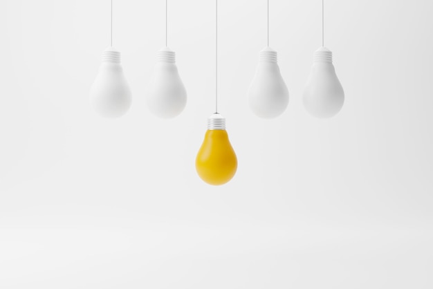 Hanging light bulb yellow outstanding among lightbulb group Concept of creative idea and innovation Unique Think different Individual and standing out from the crowd 3d render illustration