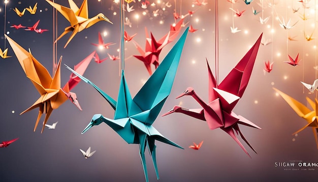 Hanging origami paper cranes background