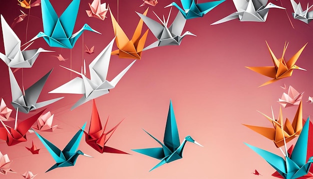 Photo hanging origami paper cranes background