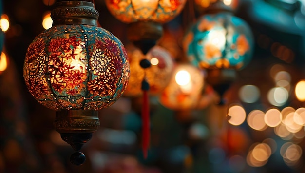 Hanging Ornamental Arabic lantern glowing at night invitation for Muslim holy month Ramadan Kareem