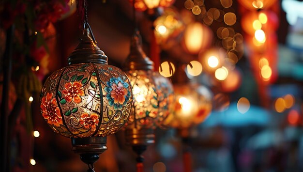 Hanging Ornamental Arabic lantern glowing at night invitation for Muslim holy month Ramadan Kareem