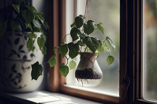 Hanging plant in a pot on the windowsill