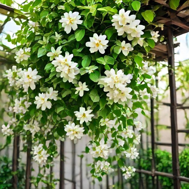 a hanging plant with white flowers and green leaves