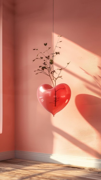 Photo hanging red heart balloon with plant in room