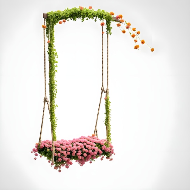 Photo a hanging swing with flowers on it and a white background