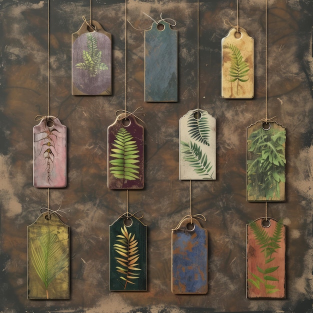 Photo hanging tags with vintage botanical illustrations