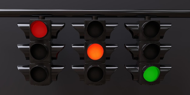 Hanging Traffic Light all color on dark grey background Three semaphore one color each 3d render