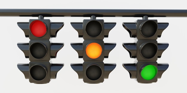 Hanging Traffic Light all color on white background Three semaphore one color each 3d render