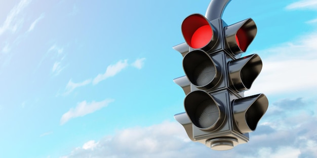 Hanging Traffic Light red stop signal on cloudy sky background Space for text 3d render