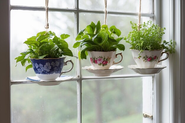 Hanging Vintage Teacup Planters in a Kitchen Window