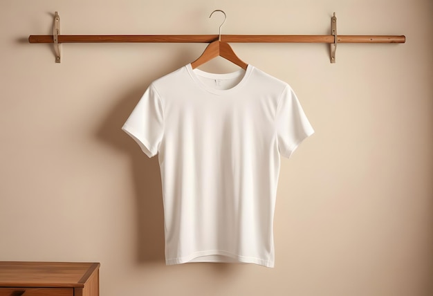 Photo hanging white shirt 3d render white tshirt on wooden hanger 3d white tee white tshirt minimalist