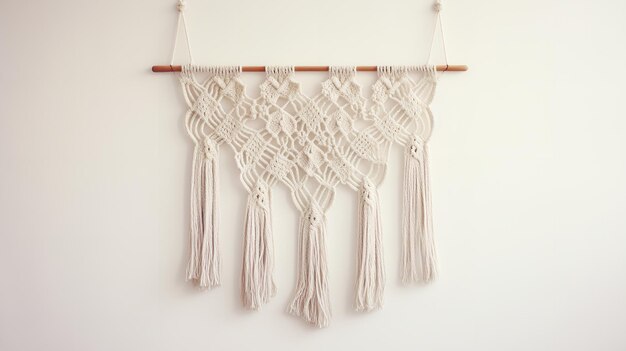 Photo hanging on a white wall is a handmade macrame wall decoration with a wooden pole generative ai