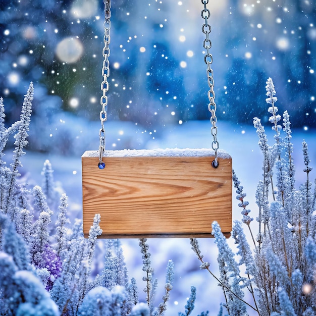 Photo hanging wooden sign board with winter background for seasonal promotional text