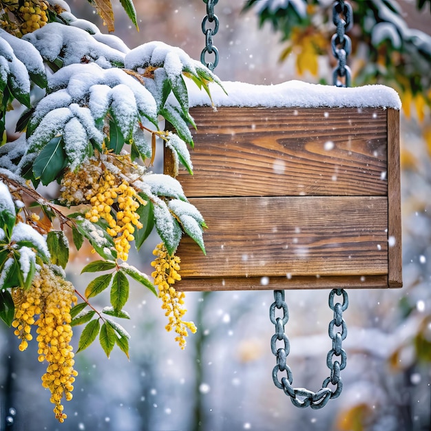 Photo hanging wooden sign board with winter background for seasonal promotional text