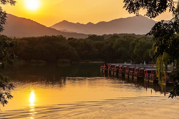 Hangzhou West Lake Chinese garden scenery at sunset