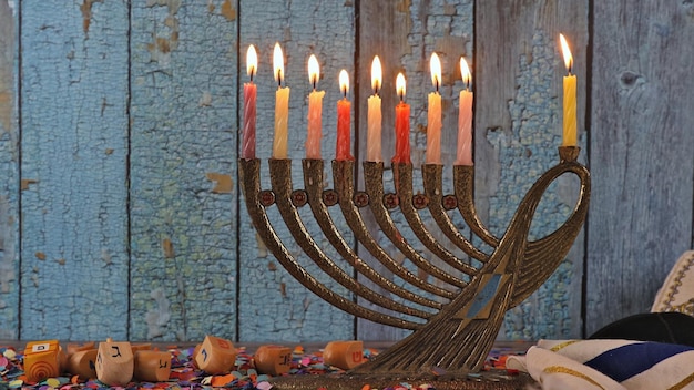 Hanukkah a burning menorah symbol of Judaism traditional holiday