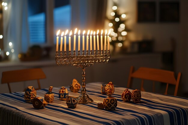 Photo hanukkah celebration with a blue and white striped tablecloth glowing menorah and colorful dreidels creating a festive ambiance