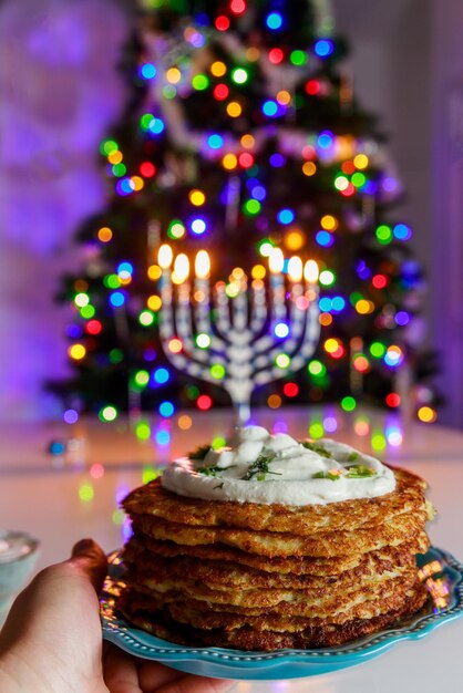 For Hanukkah crispy potato latkes are traditional Jewish food dish