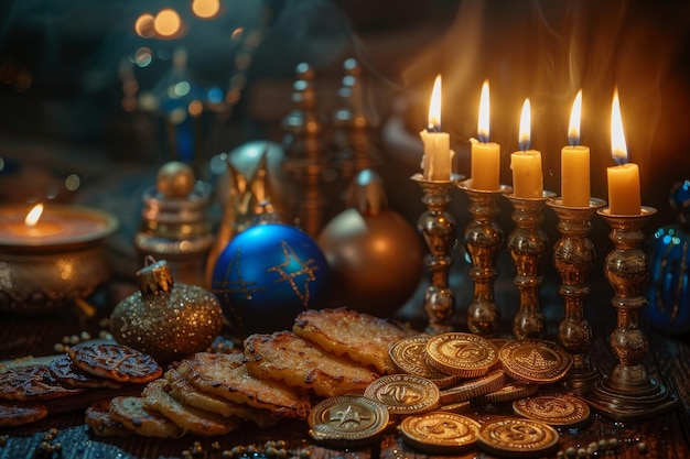 Photo hanukkah featuring a menorah with lit candles dreidels gold coins and traditional foods