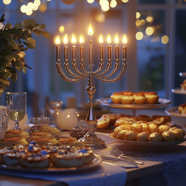 Photo a hanukkah hanukkah scene with delicacies on a table under warm candlelight