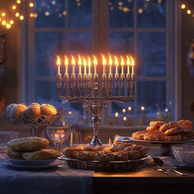 A Hanukkah Hanukkah scene with delicacies on a table under warm candlelight